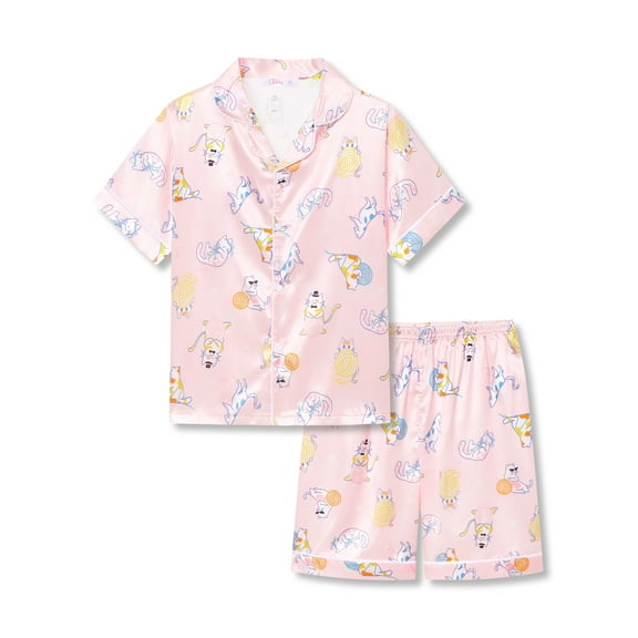 Tebbis Satin Pajamas for Girls-Cute Pink Silky Short-Sleeved Set with Adorable Cat & Yarn Ball Print Size 8