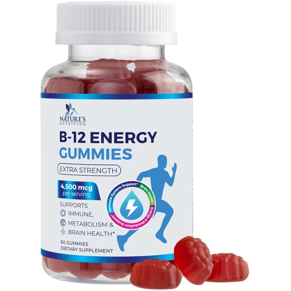 B12 Energy Gummies - 4500 mcg Vitamin B12 Per Serving - Extra Strength Chewable B12 Supplement for Energy, Metabolism & Immune Support - For Women, Men & Kids - Natural & Berry Flavored - 60 Gummies