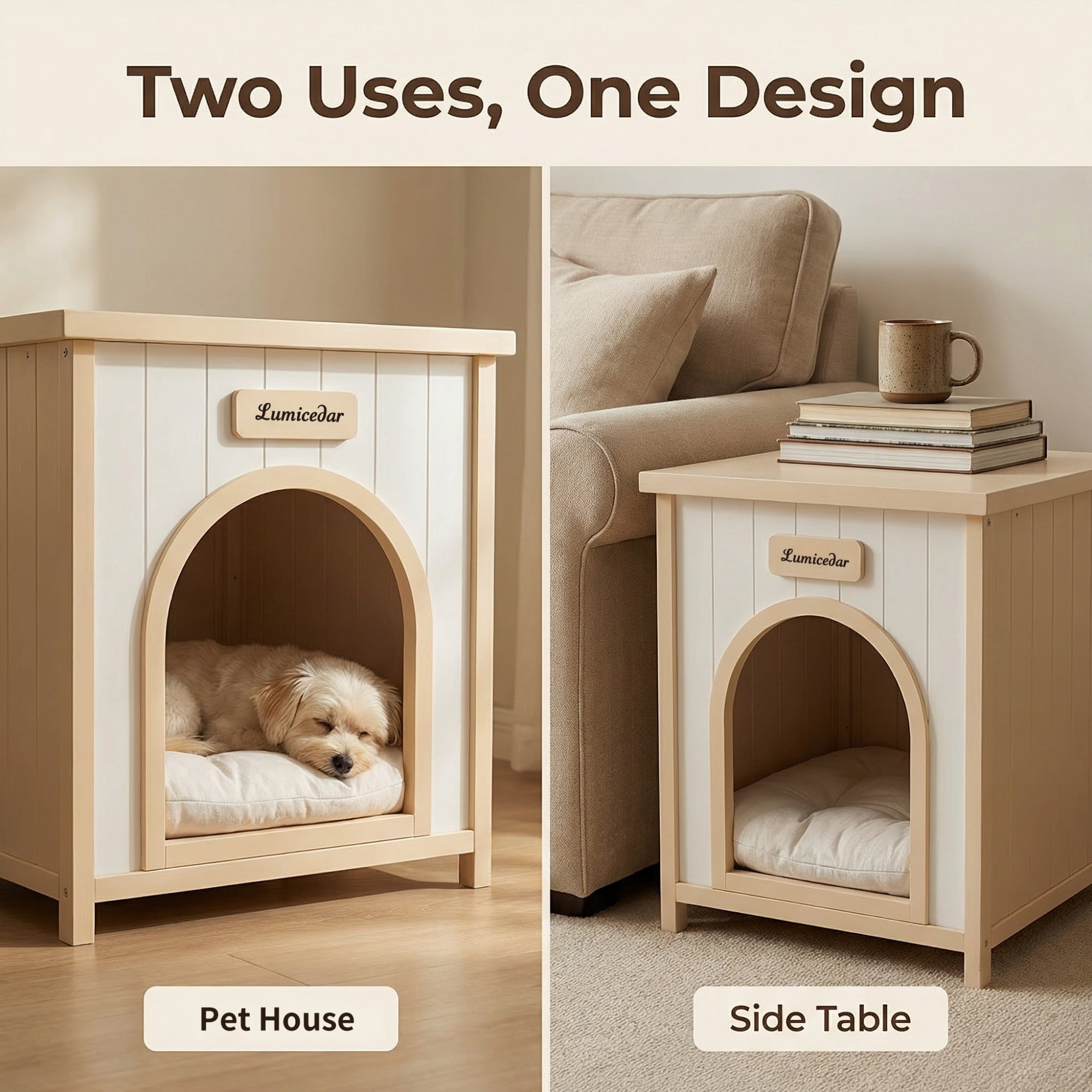 ENNSOO Modern Indoor Wooden Dog House with Removable Cushion, Solid Cedar Pet House for Small Dogs and Cats, Furniture-Grade Scandinavian Design