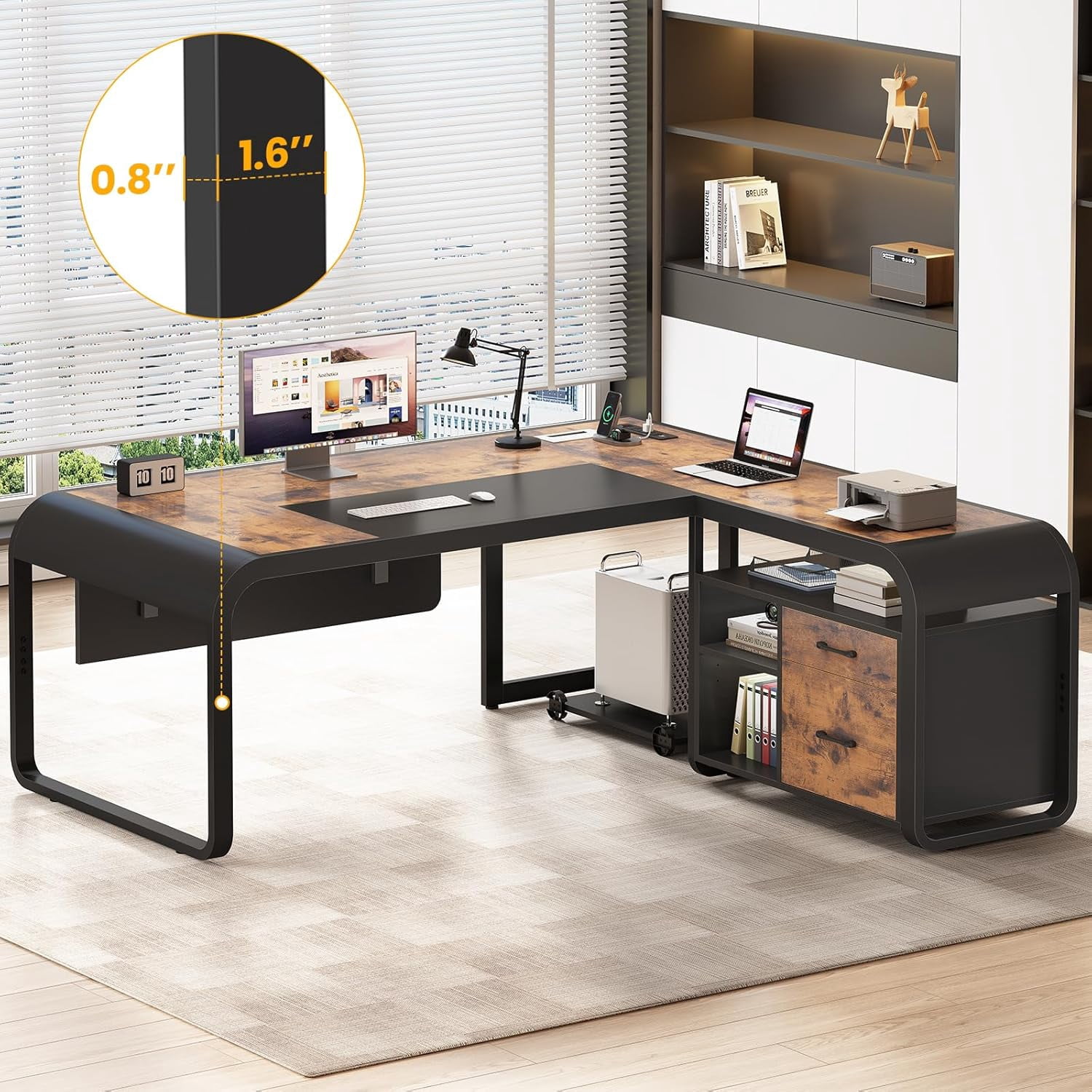 63" Executive Desk with Storage, L Shaped Desk with Power Outlets and CPU Stand, Home Office Desk with Drawers and Shelves, Modern Computer Desk, Rustic Brown