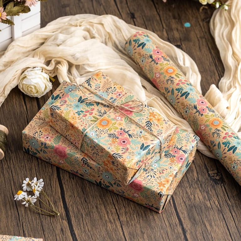 HOMERAL Colorful Floral Kraft Wrapping Paper Roll, 17" x 33' photo 2