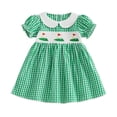 thumbnail image 4 of Girls Green Gingham Golf Embroidered Dress Peter Pan Collar with Puff Sleeves Smocked Bodice with Golf Flag Embroidery for Kids Summer Casual Party Outfit(Green,4-5 Years), 4 of 4