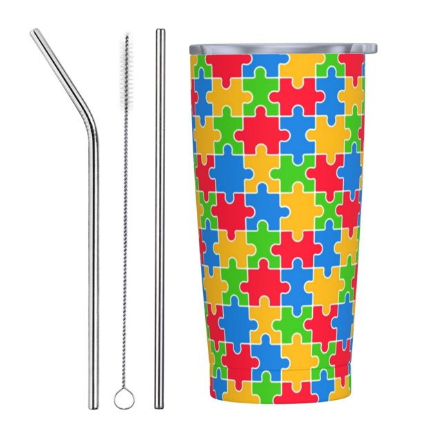 Juego de tres piezas de taza térmica portátil de acero inoxidable con pajita y aislamiento de 20 oz para el mes de concientización sobre el autismo