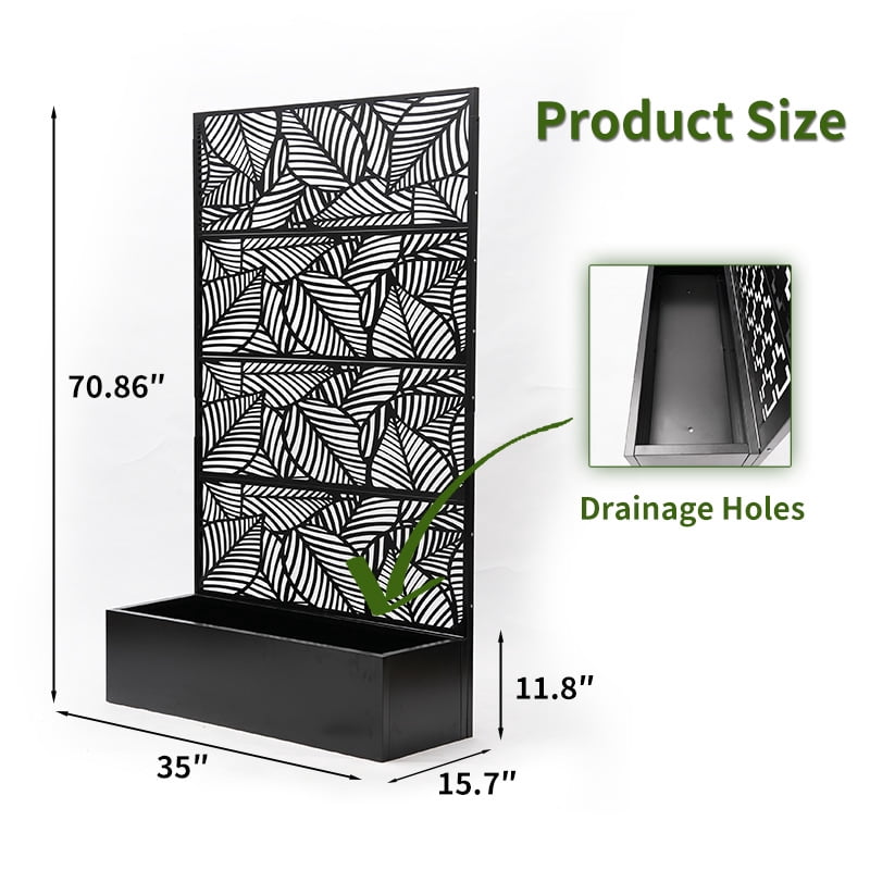 Privacy Screen with Planter Box, Black Metal Freestanding Decorative Fence Planter for Patio Balcony Backyard, 70.87"H x 46.06"W