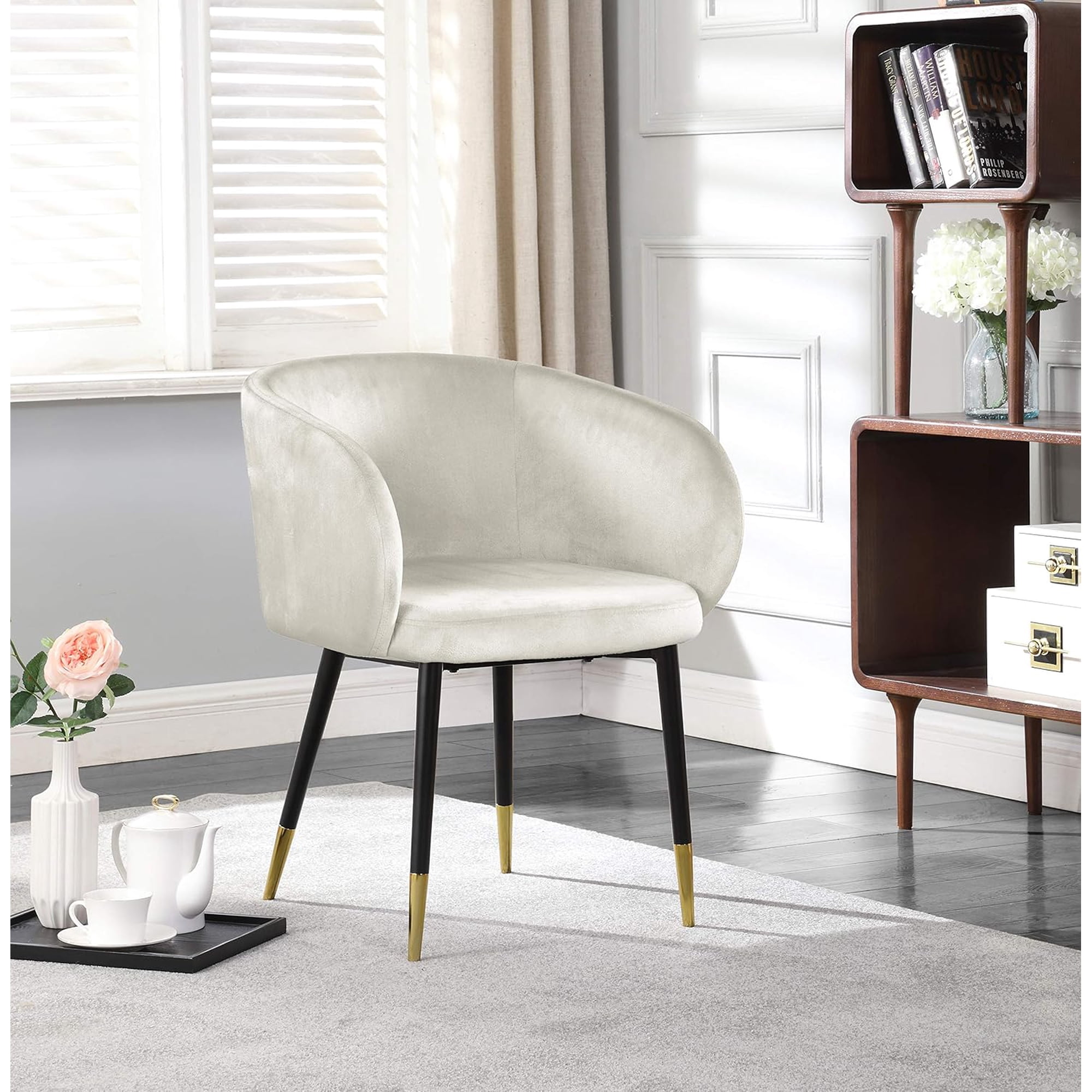 Dining Chair, Cream Velvet Side Chair with Gold Trimmed Black Metal Legs, Barrel Back Design, Engineered Wood Frame, 22"L x 23.5"D x 30"H, Modern Glam Seating for Dining Room Kitchen