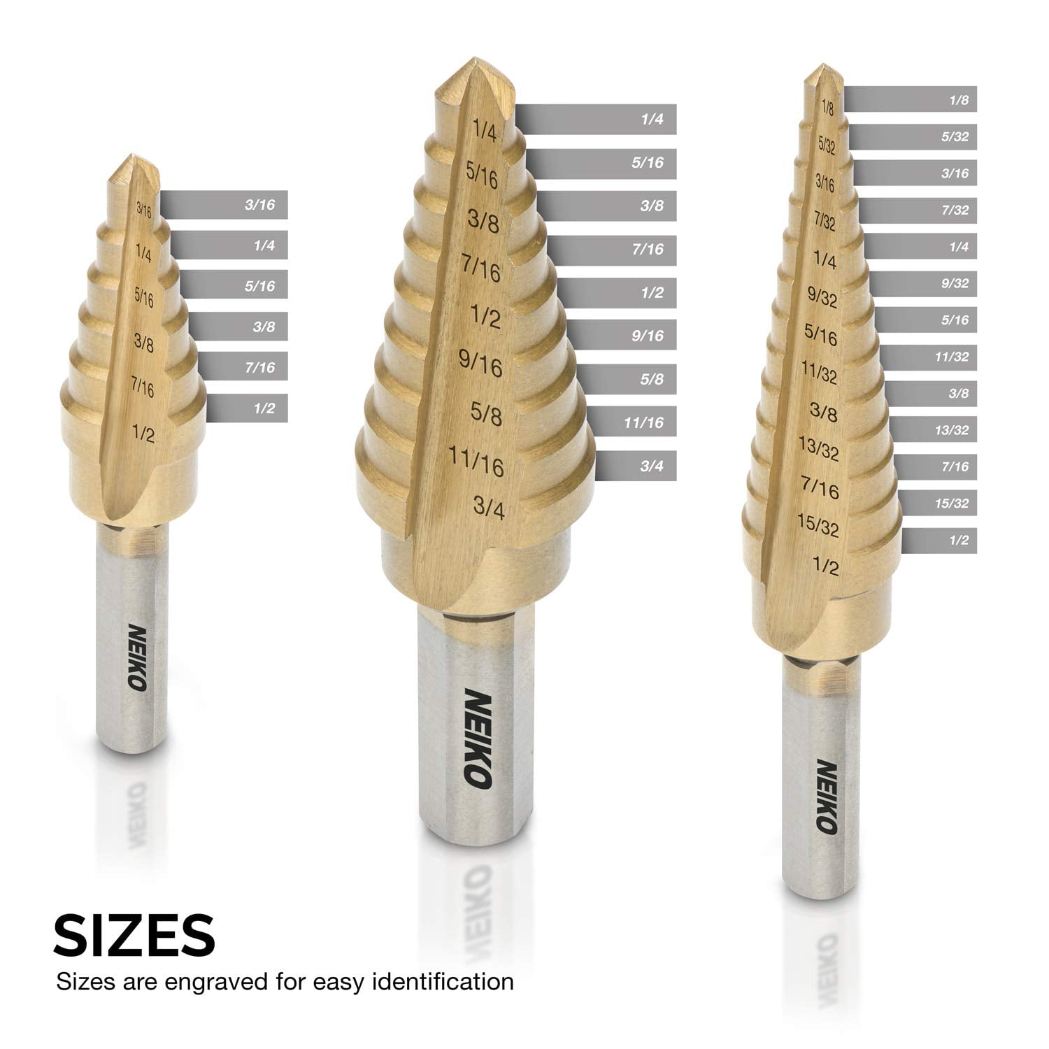 STEP DRILL BITS 1//8/" 1//2/" TITANIUM NEIKO TOOLS