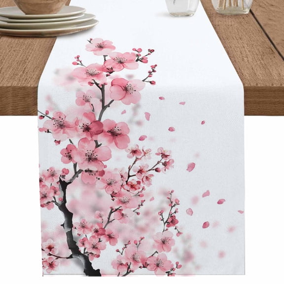 Watercolor Pink Cherry Blossom Flower Table Runner-70 Inch Long Floral Branch Table Runners Linen Burlap Tablerunner for Kitchen Dining Room Holiday Party