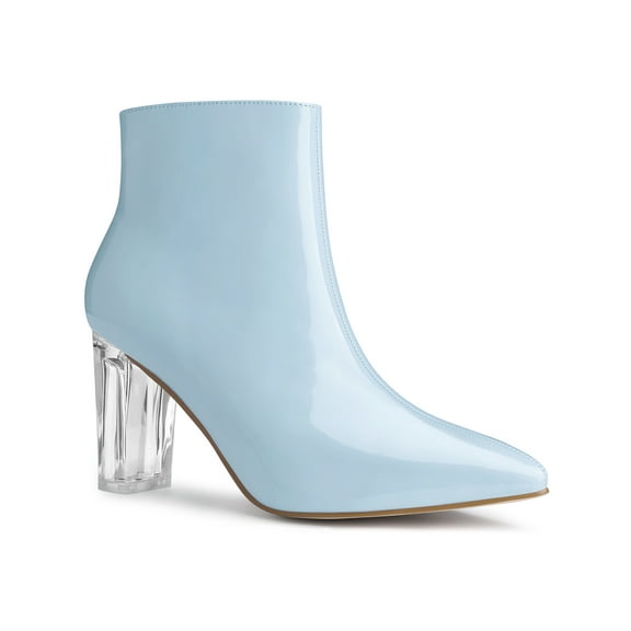 BLISSFUL STEP Women's Clear Heel Pointy Toe Block Heels Ankle Boots Sky Blue 9