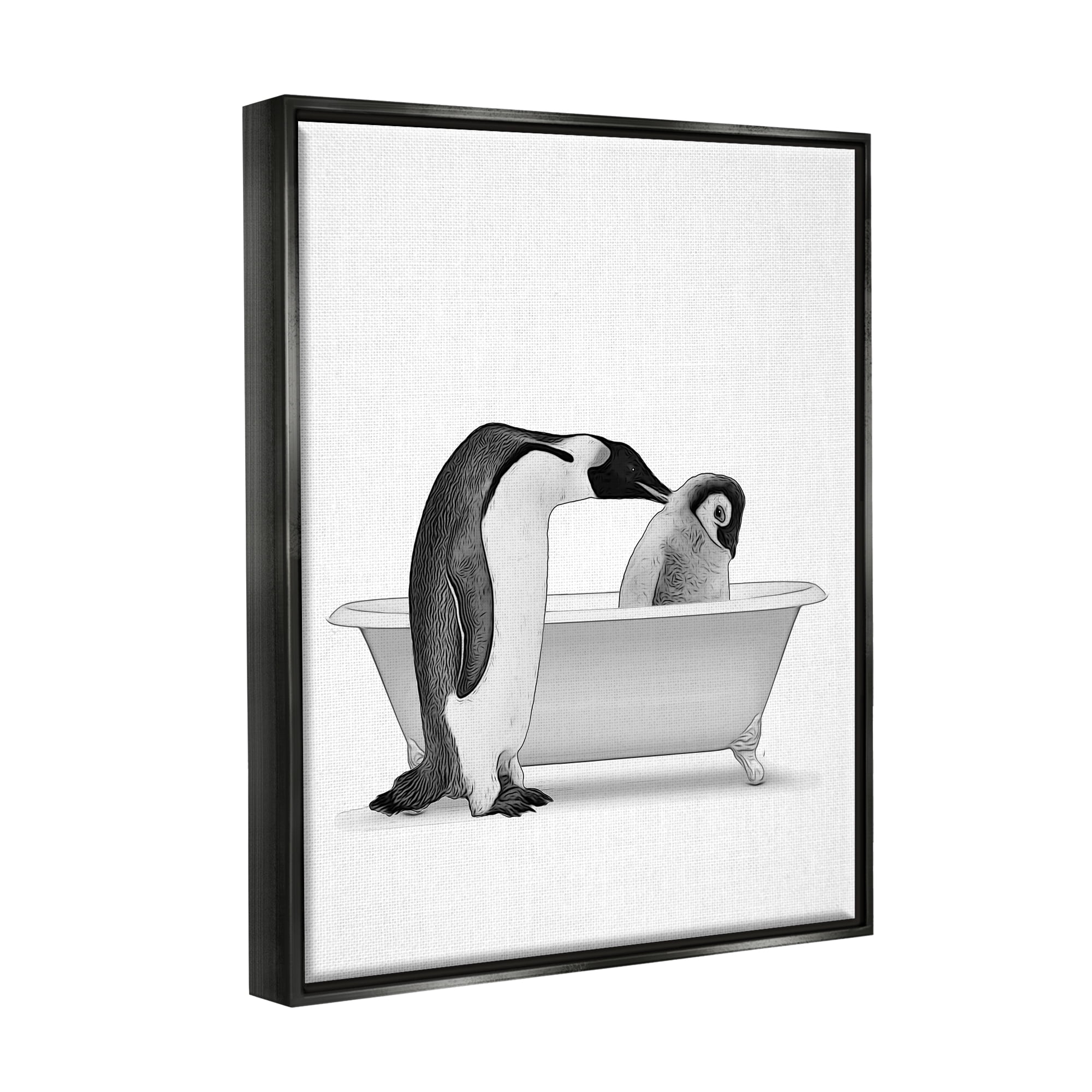 Stupell Industries Penguin & Chick Bathroom Tub Animals & Insects Painting Black Floater Framed Art Print Wall Art