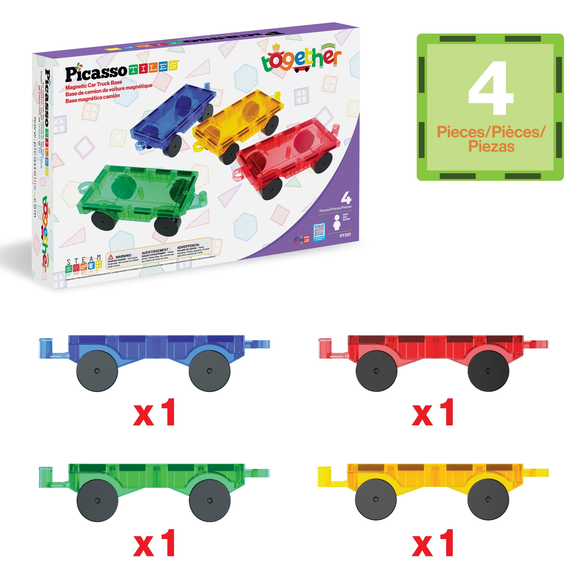 PicassoTiles 4PC Magnetic Tiles Car Truck Base Construction Building Toy , Educational STEM Building Kits for Kids