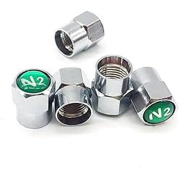 Chrome Plated Brass Tire Valve Stem Caps N2 Nitrogen Sign Logo on The Top, 5 pcs/Set (Additional 1pcs Spare).