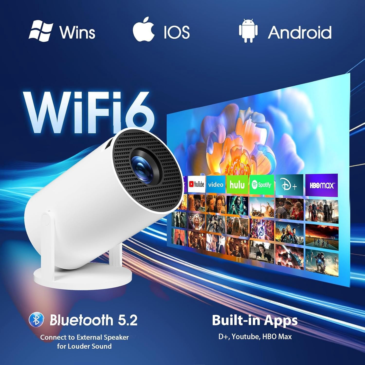 GM200  Projector with WiFi  Built-in Apps 4K Support Auto  180 °   Rotation for Home Theater