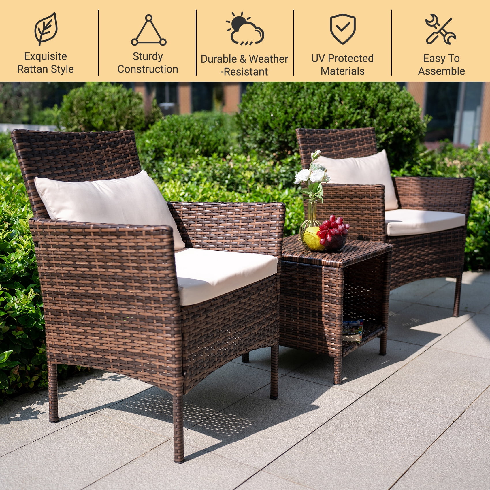 Tappio 3 Piece Patio Conversation Bistro Set Outdoor Chat Furniture, Porch Balcony Furniture Set,Wicker Chairs and Storable Table Set for Patio Balcony Backyard Apartment,Brown/Beige