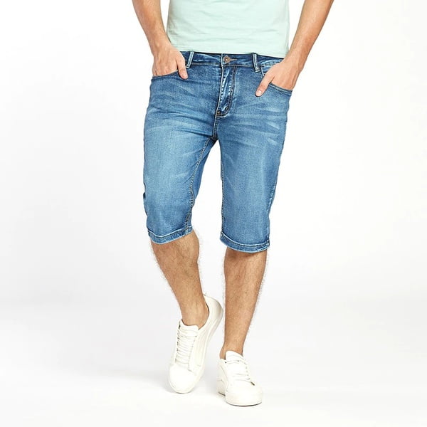 men in denim shorts