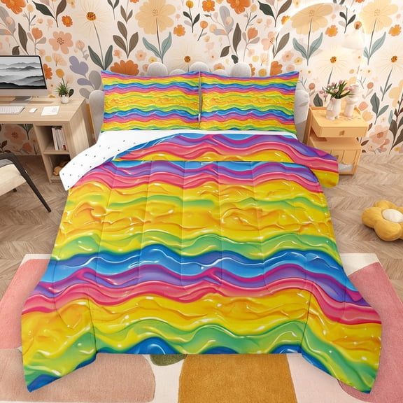 Feelyou Rainbow Stripe Waves Full Size Comforter Sets, Colorful Lines Abstract Bedding Comforter Set, Teens Kids Boys Girls Reversible Bedding Sets, Lightweight Room Decor, 3 Pieces