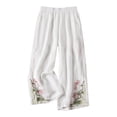 thumbnail image 2 of Endives Women' s Culottes Linen Blend Embroidered Wide Leg Pants Elastic Waist Casual Pants With Pockets White, 2 of 4