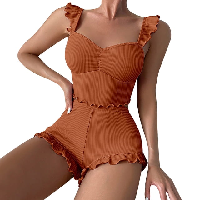 WZXFASHION 2 Ensembles pour Femmes Robe d'Été Haut Sans Manches et Short Ensembles de Pyjama Lingerie pour Femmes Sommeil & Ensembles WomenPajamaSets Marron m