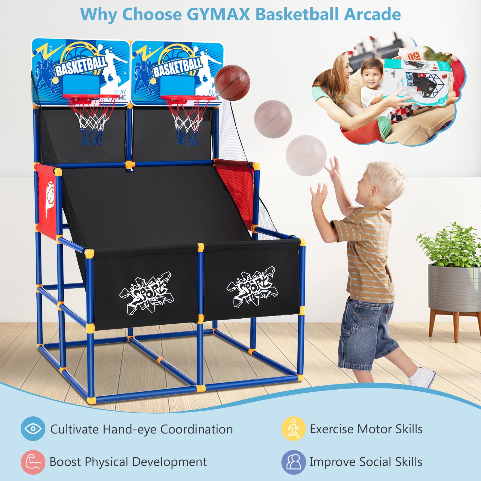 Topbuy Kids Basketball Hoop Arcade Game Double Shot Basketball Arcade with 2 Shatterproof Backboards