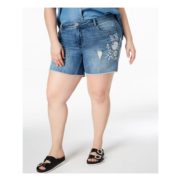 INC $77 Womens New 1005 Blue Embroidered Tummy Control Denim Short 24W Plus B B
