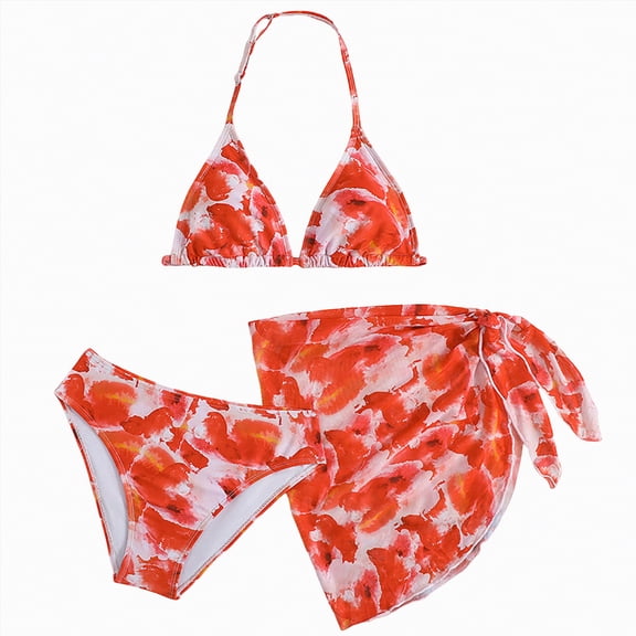 ZHANGDER Girls Swimsuits 2 Piece Bathing Suit Swimsuits for Teens Comfortable and Breathable Halterneck Cute Bikini Swimsuitswith Cover Ups Beach Skirt, Red 14-15 Years