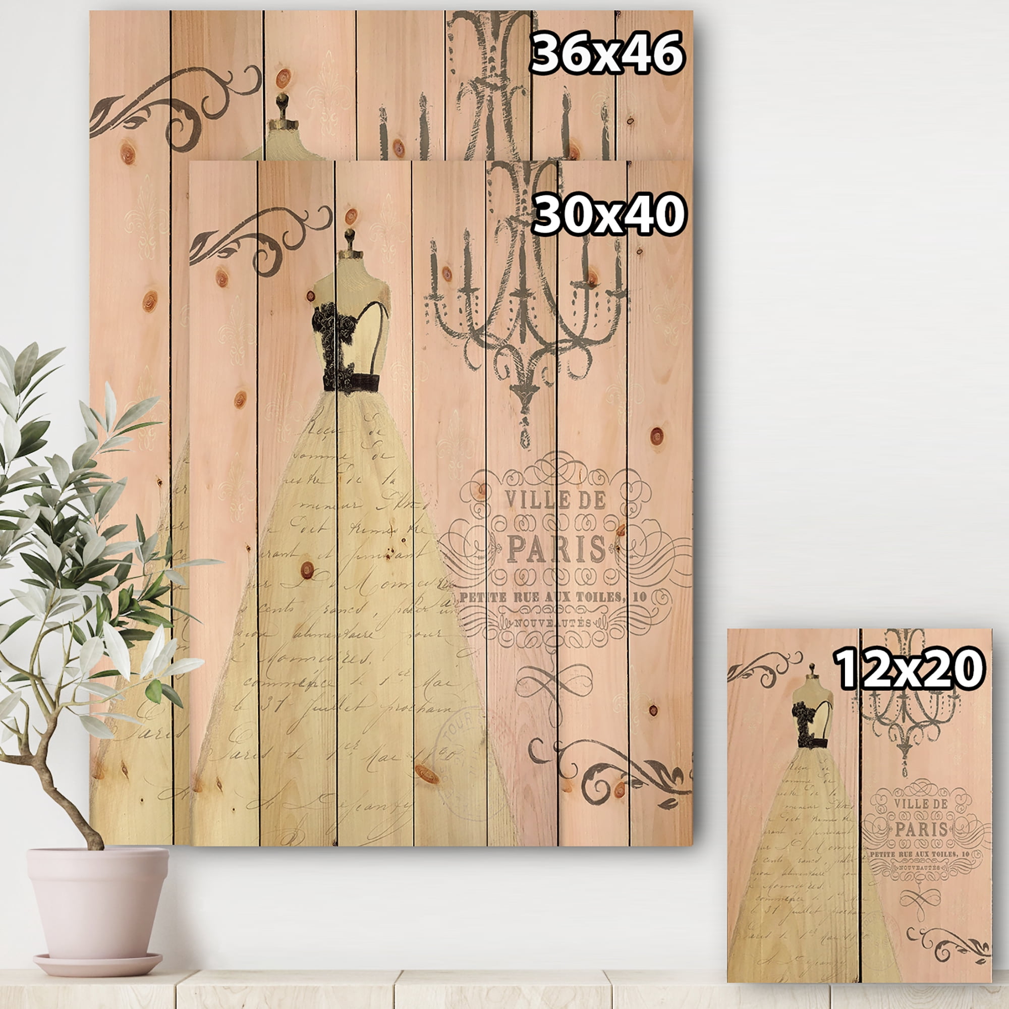 Designart 'Chandeliers French Couture II' Fashion Print on Natural Pine Wood