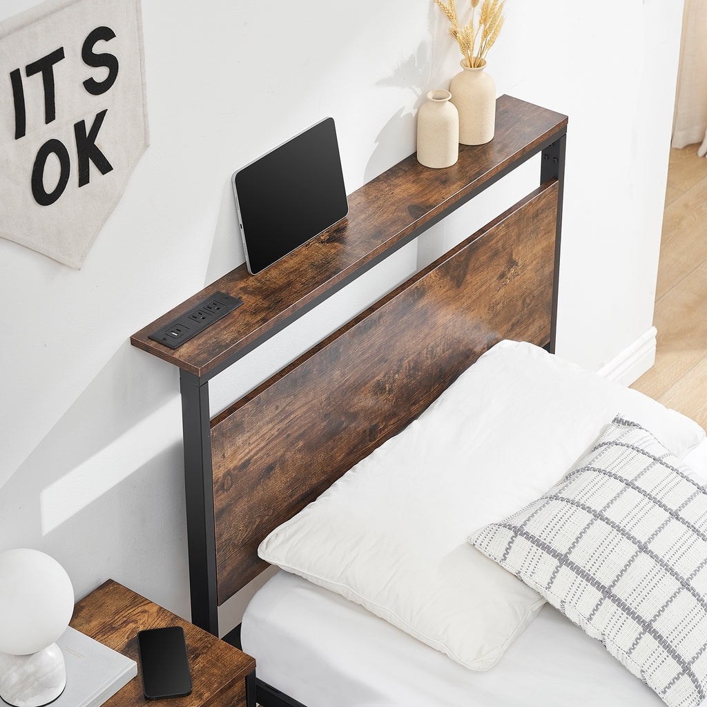 Behost 14" Twin Bed Frame with Headboard , Power Outlets Platform Beds for Bedroom, Rustic Brwon