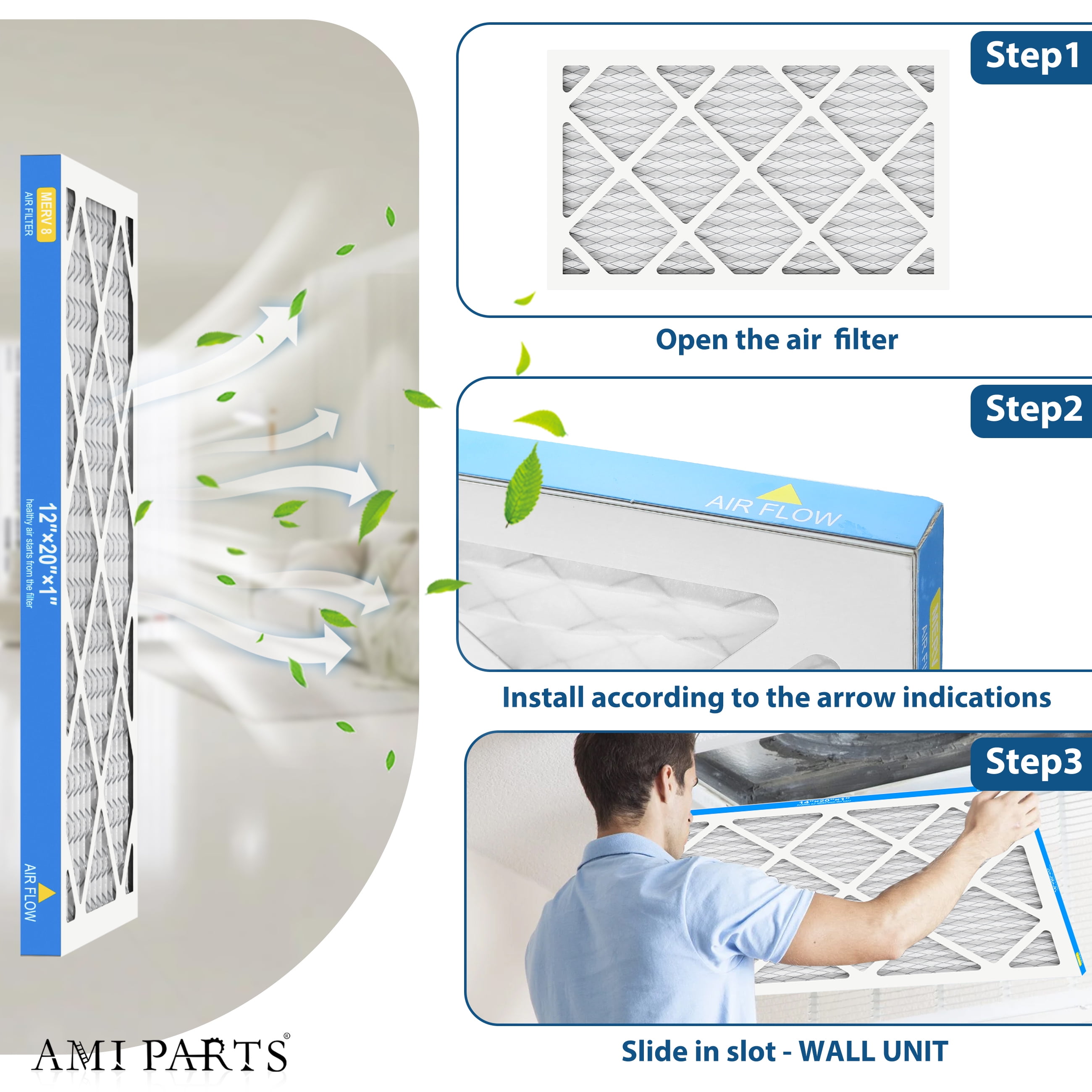 AMI PARTS 12X20X1 HVAC Furnace Air Filter,MERV8 Air Filter for Dust Reduction,6 Filters