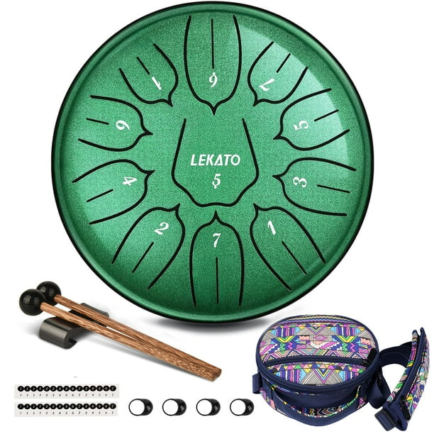 Tambor LEKATO de acero, 6 pulgadas, 11 notas con bolsa, color verde