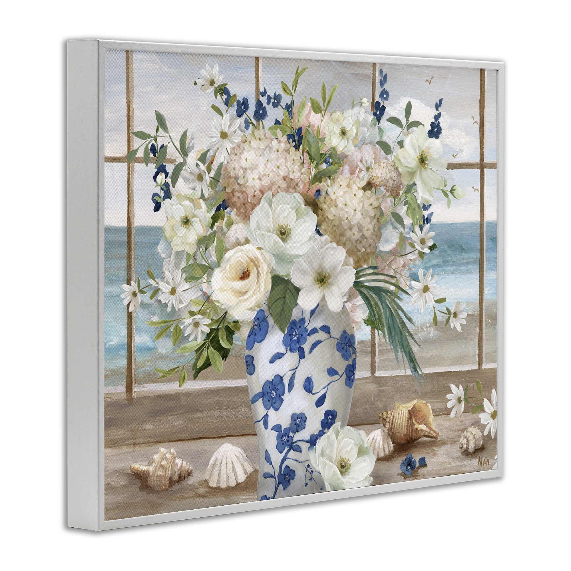 Stupell Industries Seashells & Flowers Windowsill White Framed Giclee Art, design by Nan