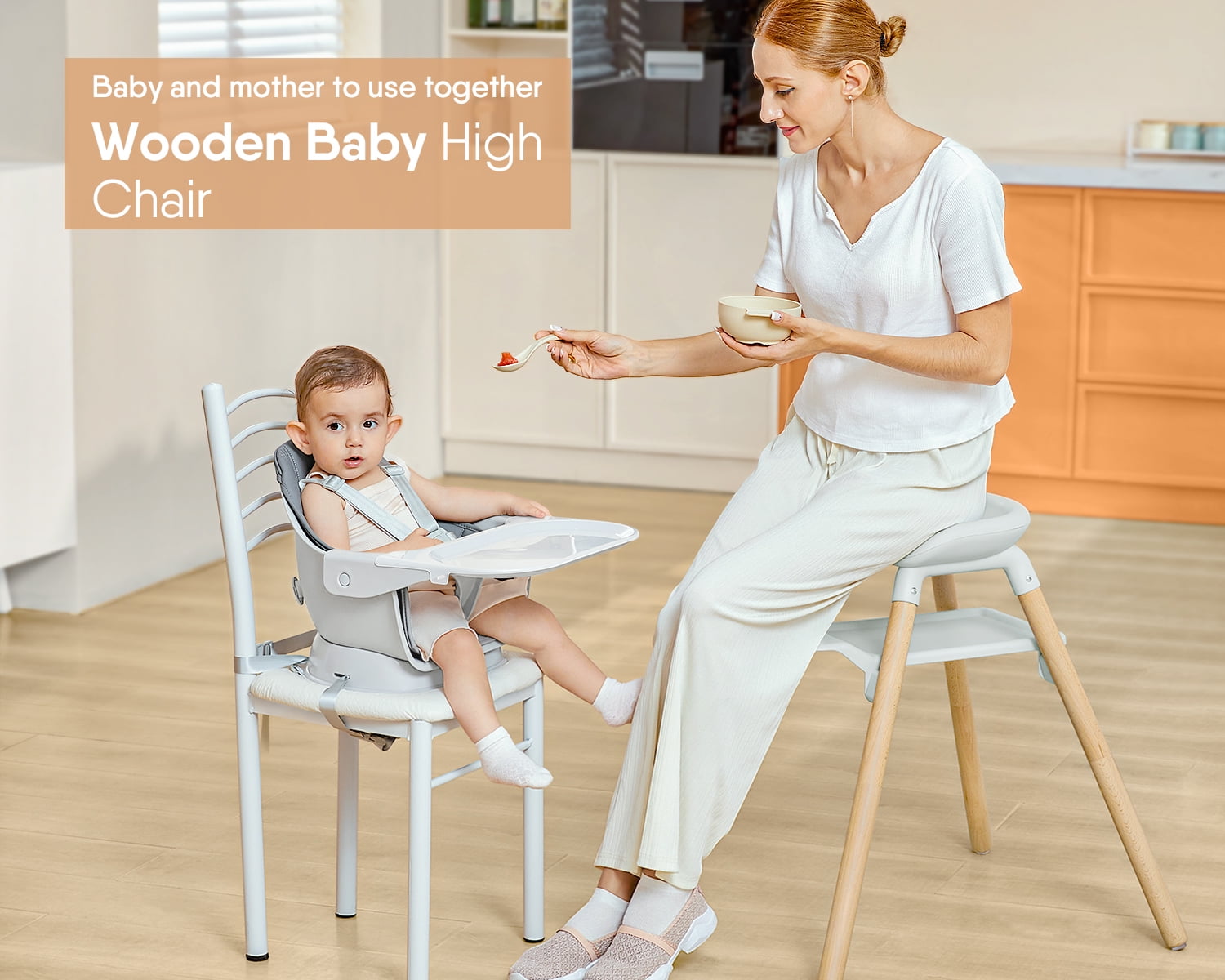Babyomi Convertible High Chair for 2 Babies, 11-in-1 Wooden Booster with Double Easy-Clean Trays & PU Cushion,Gray