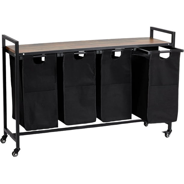 Cesto de Ropa con Estante, Organizador de Lavandería con 3 Canastas Extraíbles para Ropa, Negro con Detalles en Marrón Rústico