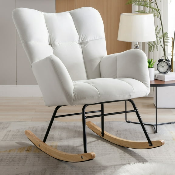 White Velvet Rocking Chair - Mid Century Modern Style With Padded Seat For Living & Bedroom Areas In Upholstery Room