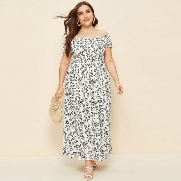 IDALL Summer Dresses,Plus Size Dresses Women Plus Size Plus Off Shoulder Shirred Bodice Split Thigh Ditsy Floral Dress Maxi Dresses,Boho Dresses,Casual Dresses White Dress L