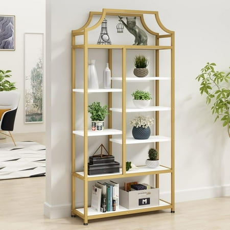 8-Tier Open Shelf Bookcase, 70.87"H x 31.5"L Lux Etagere Bookshelf, Modern Display Shelf with Gold Metal Frame & White Shelves,Tall Storage Display for Bedroom, Home Office & Living Room (Gold)