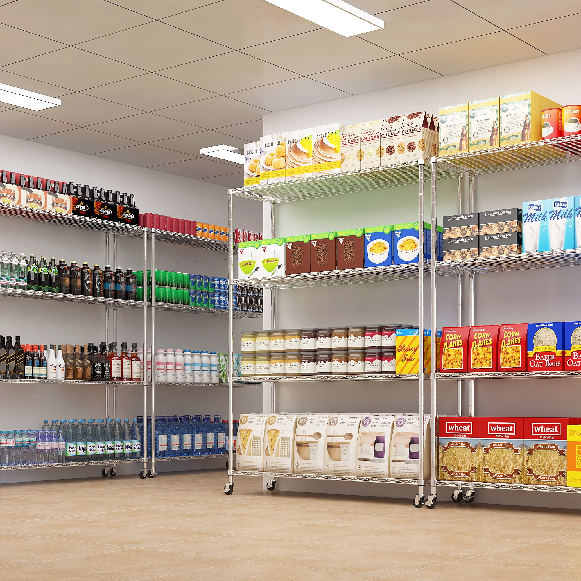4-Tier Adjustable Steel Shelving Unit with Locking Rubber Wheels, Gray, 46.06 x 17.72 x 64.96 in