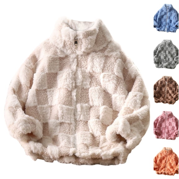 Husipze Sherpa Fleece Jacket for Kids Checkered Teddy Stand Collar Zip Up Coat Soft Cozy Warm Fall Winter Outerwear Beige 2-3 Years