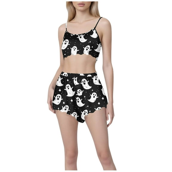 Uaswgudfs Women's Pajama Set Spaghetti Strap Crop Top & Wave Hem Shorts - Print Sleepwear