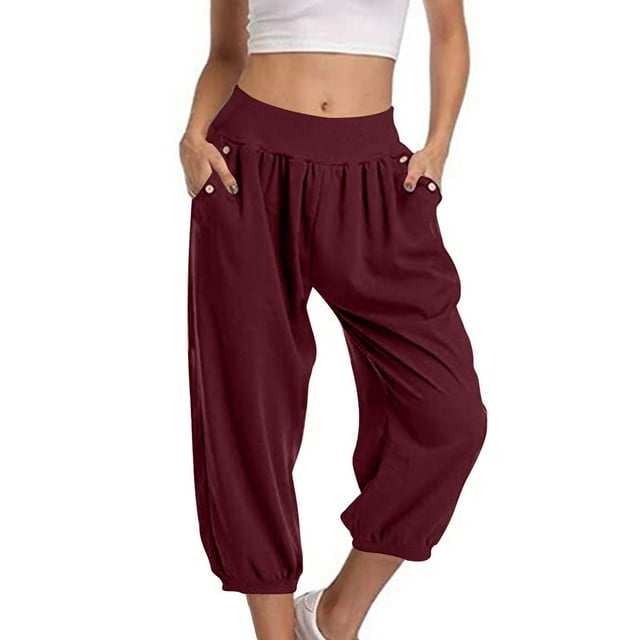 AherBiu Pants for Women Mid Waisted Cropped Pants with Pockets Loose Casual Trousers Workout Running