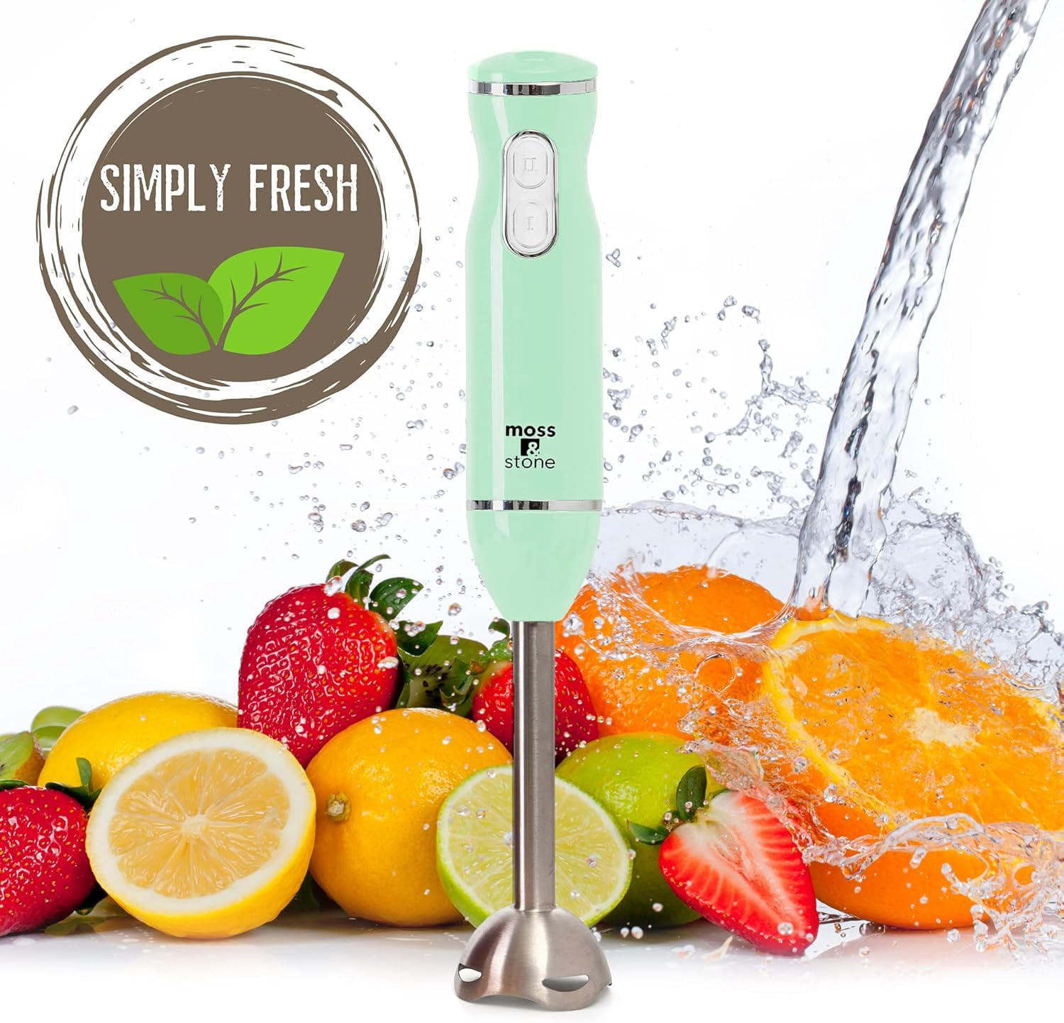 Moss & Stone Hand Blender Electric With Egg Whisk & Chopper, Powerful 300 Watt Stick Blender, Hand Mixer Set Stainless Steel Shaft & Blades, Handheld Blender With Ergonomic Handle