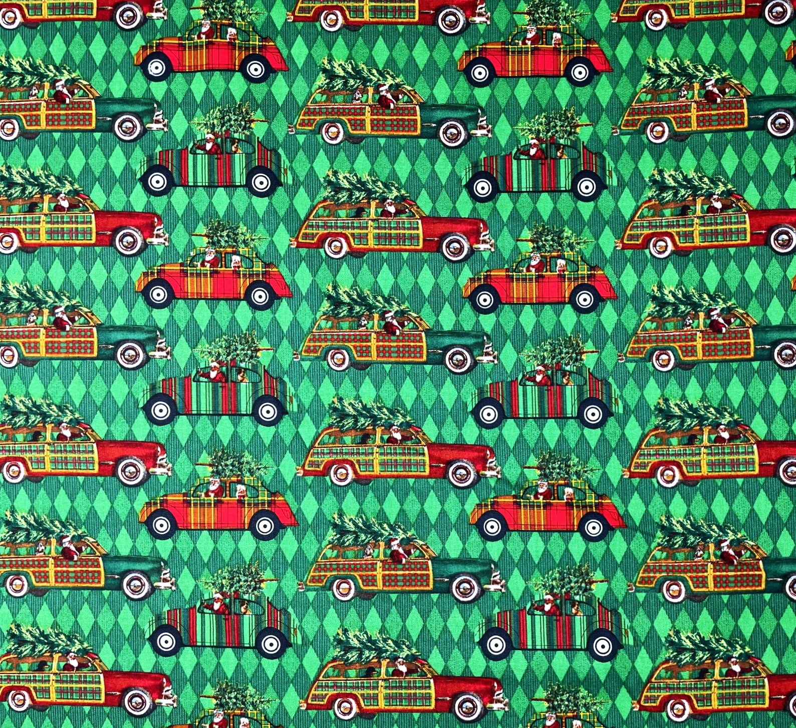 1 Yard - Santa Christmas Tree VW Bug & Woody on Green Lattice Cotton Fabric (Great for Quilting, Sewing, Craft Projects, Throw Pillows & More) 1 Yard X 44" Wide