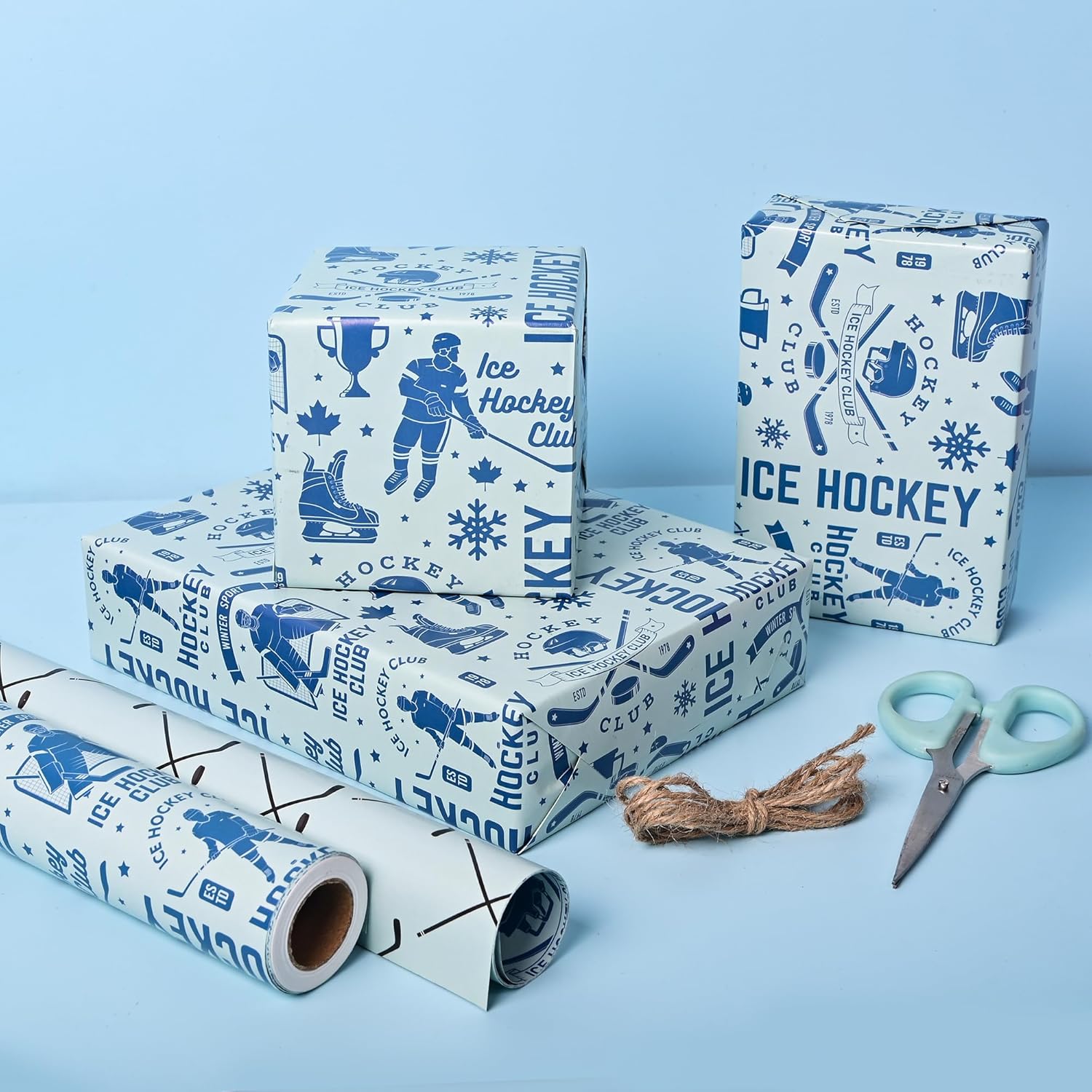 Reversible Ice Hockey Wrapping Paper Roll Blue Hockey Sports Gift Wrap Sheets for Girls Boys Men Women Birthday Holiday Party - Total 28.5sq.ft