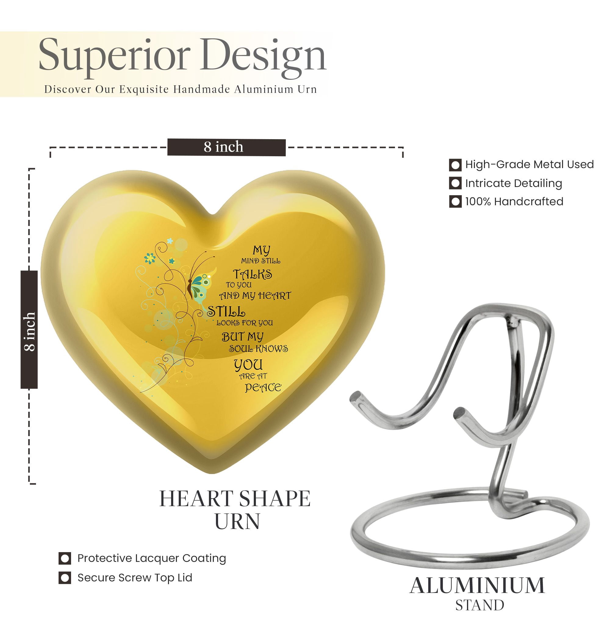 Beautiful Message On Yellow Urn Large Urns For Human Ashes Mom - Sophisticated Large Urn For Adult Female - Spacious Heart Urns 8 Inch