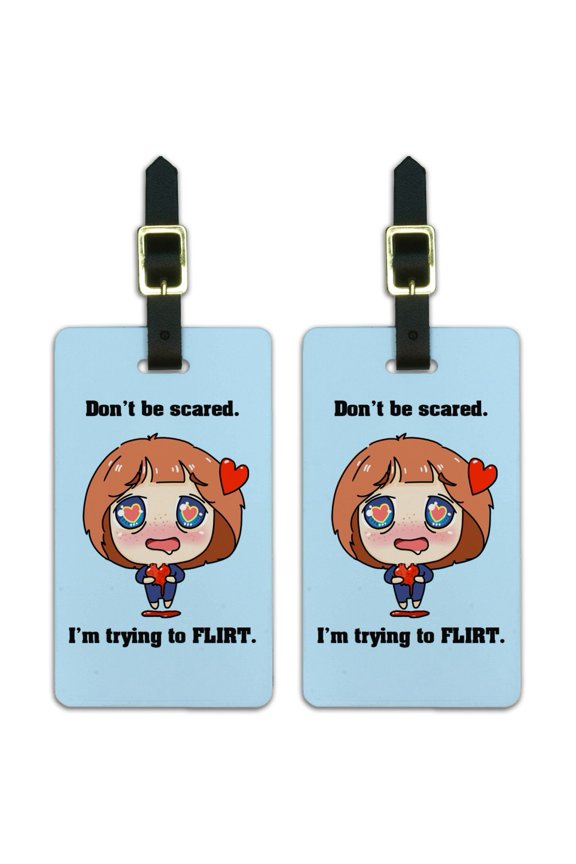 Don't Be Scared I'm Trying to Flirt Kawaii Chibi Heart Luggage ID Tags Suitcase Carry-On Cards - Set of 2