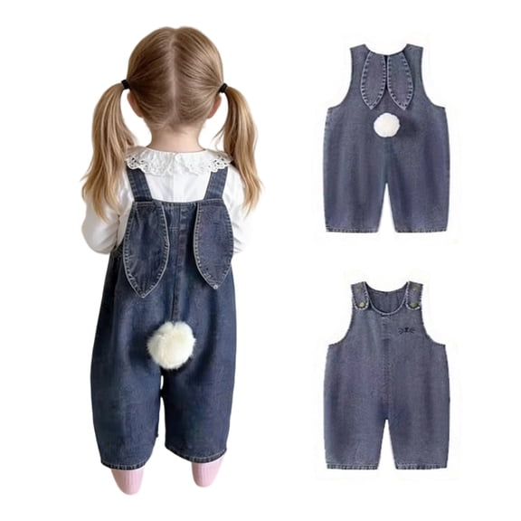 Moxiu Toddler Girl Denim Overalls Baby Easter Outfit Pants for Boy Bunny Ear Romper with Pom Pom Tail Cute Jeans Jumpsuit Blue,6-12 Months