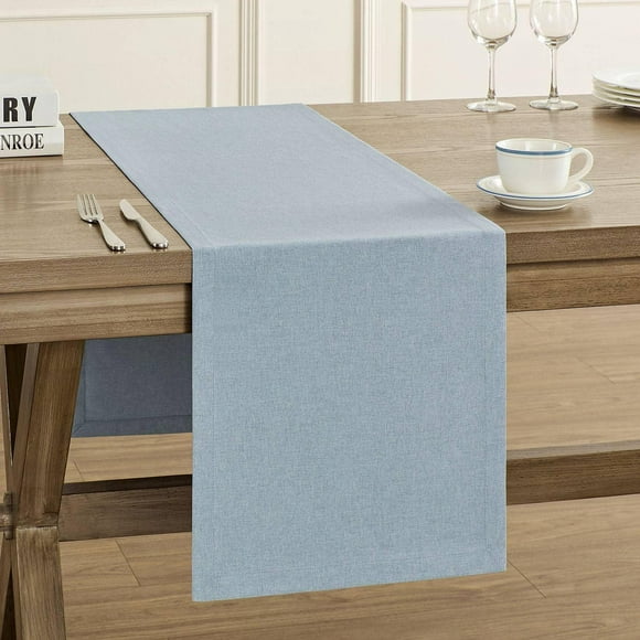 shiyou-Basic Linen Style Table Runner, 14 x 72 Inch Blue Chambray, Rustic Farmhouse Light Dusty Blue Table Runners 72 Inches Long, Everyday Polyester Table Runner - Machine Washable & Easy Care