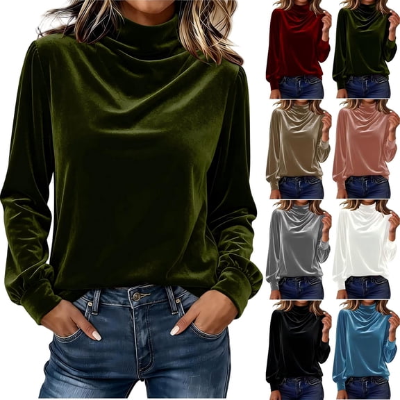 Tqcoqu Women's Mock Turtleneck Velvet Top,Long Sleeve 2026 Fall Velour Shirts,Trendy Loose Dressy Casual Blouse Daily Wear