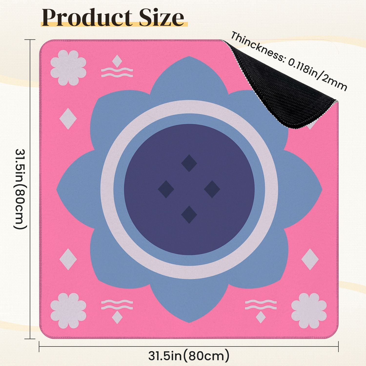 Mahjong Mat 31.5" x 31.5" Geometric Floral Blue Tones Pink Anti-Slip and Noise Reduction Symmetry Design Mahjong Tiles Table Cover for Dominoes Poker Card Board and Tile Games