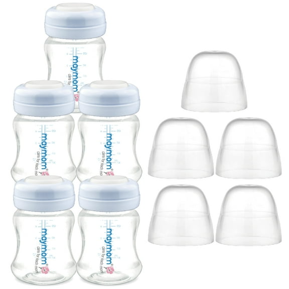 Maymom Wide-Mouth Milk Storage Collection Bottle with Dome Cap, Bottle Top, SureSeal Sealing Disk; Can Replace Spectra S1 S2 Bottles, 5 pc (4.7Oz/140mL)