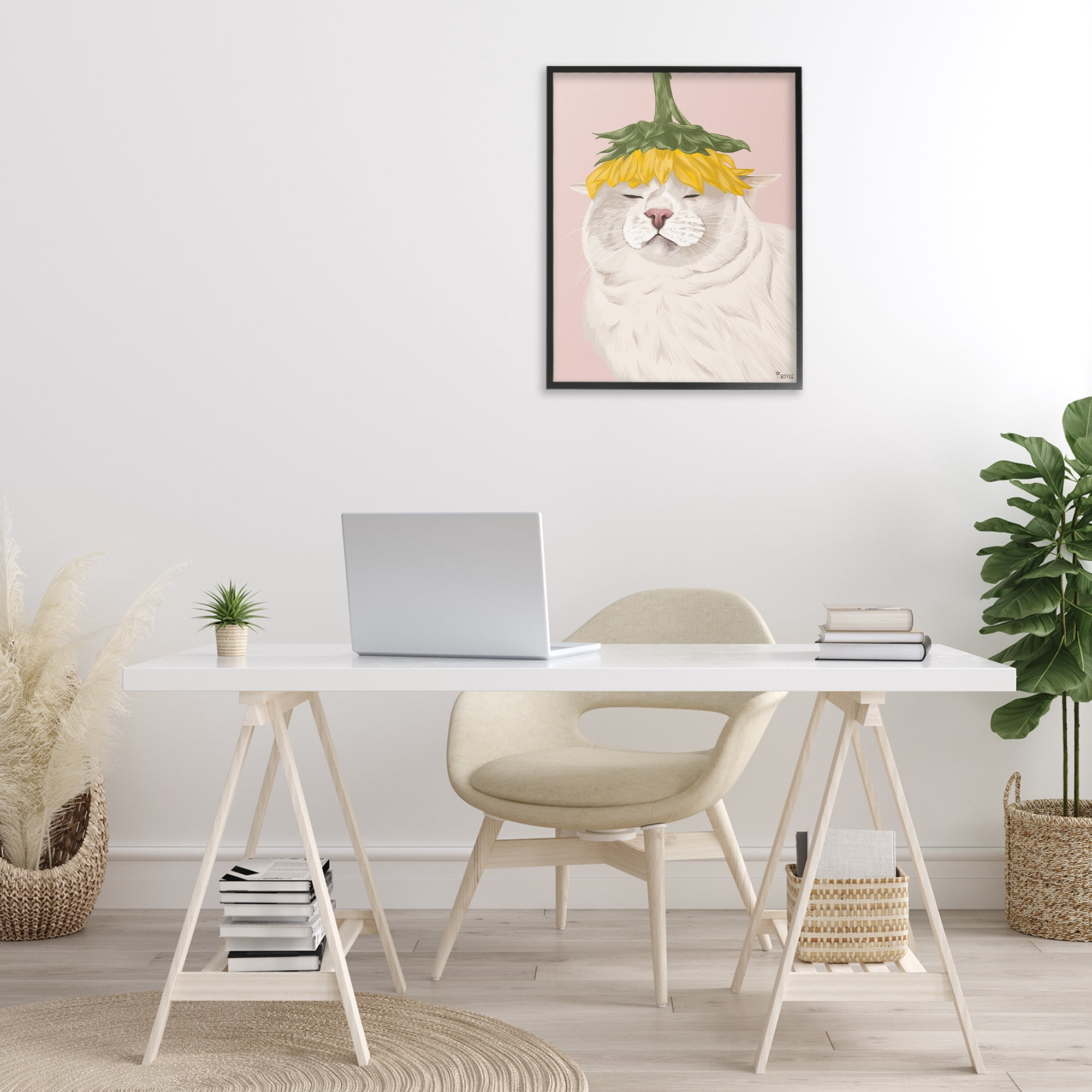 Stupell Industries Cat with Daisy on Head Animals & Insects Painting Black Framed Art Print Wall Art, 24 x 30