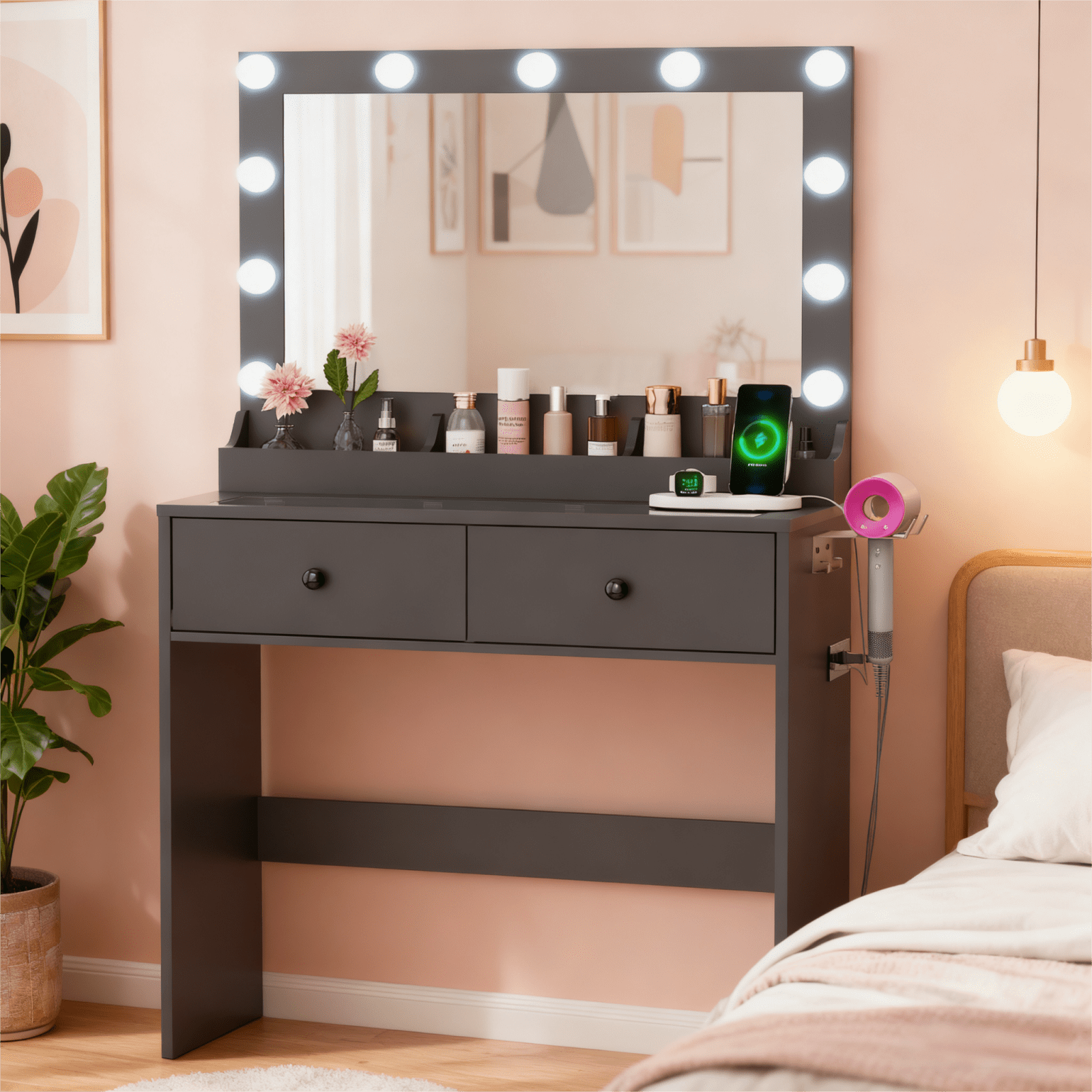 Zimtown Vanity with Mirror and Light, Makeup Desk  with Charging Station and Storage, Dressing Table with Hair Dryer Rack for Bedroom, Black